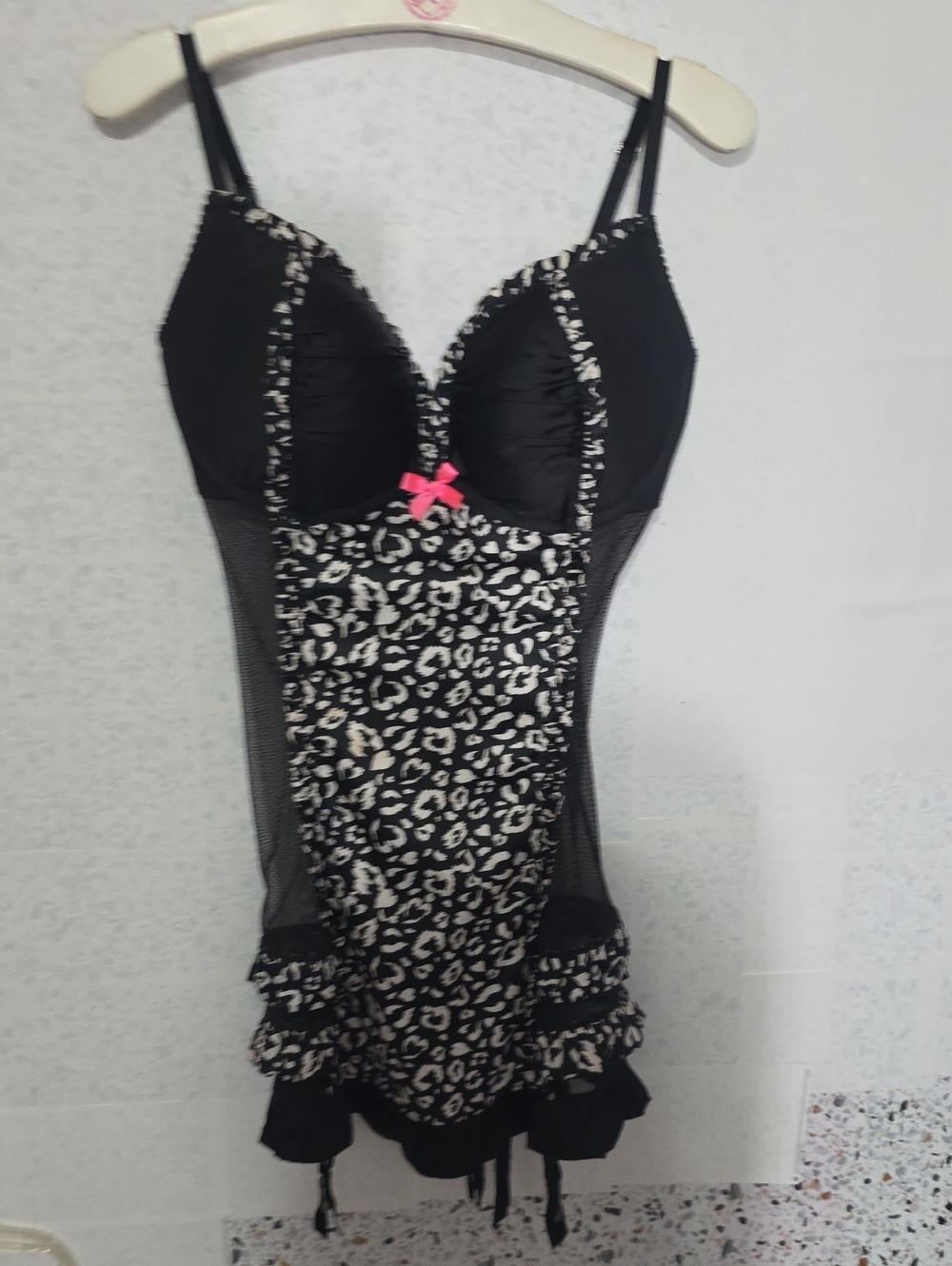 Victoria's Secret Black & White Leopard Chemise with Pink Bow